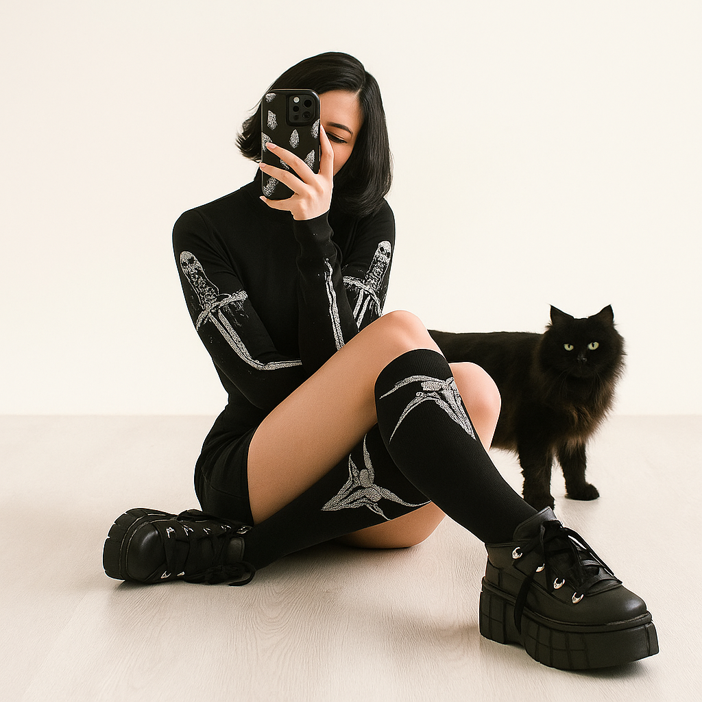 Skull Sword Gothic Dress with Long Sleeves and Fishnet Accents