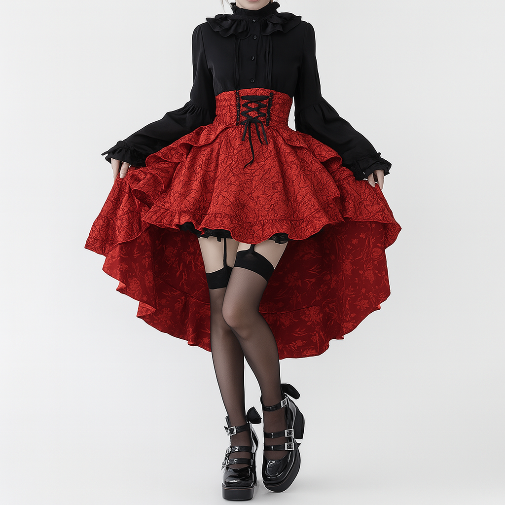 Gothic High-Waisted Lace-Up Midi Skirt in Red and Black