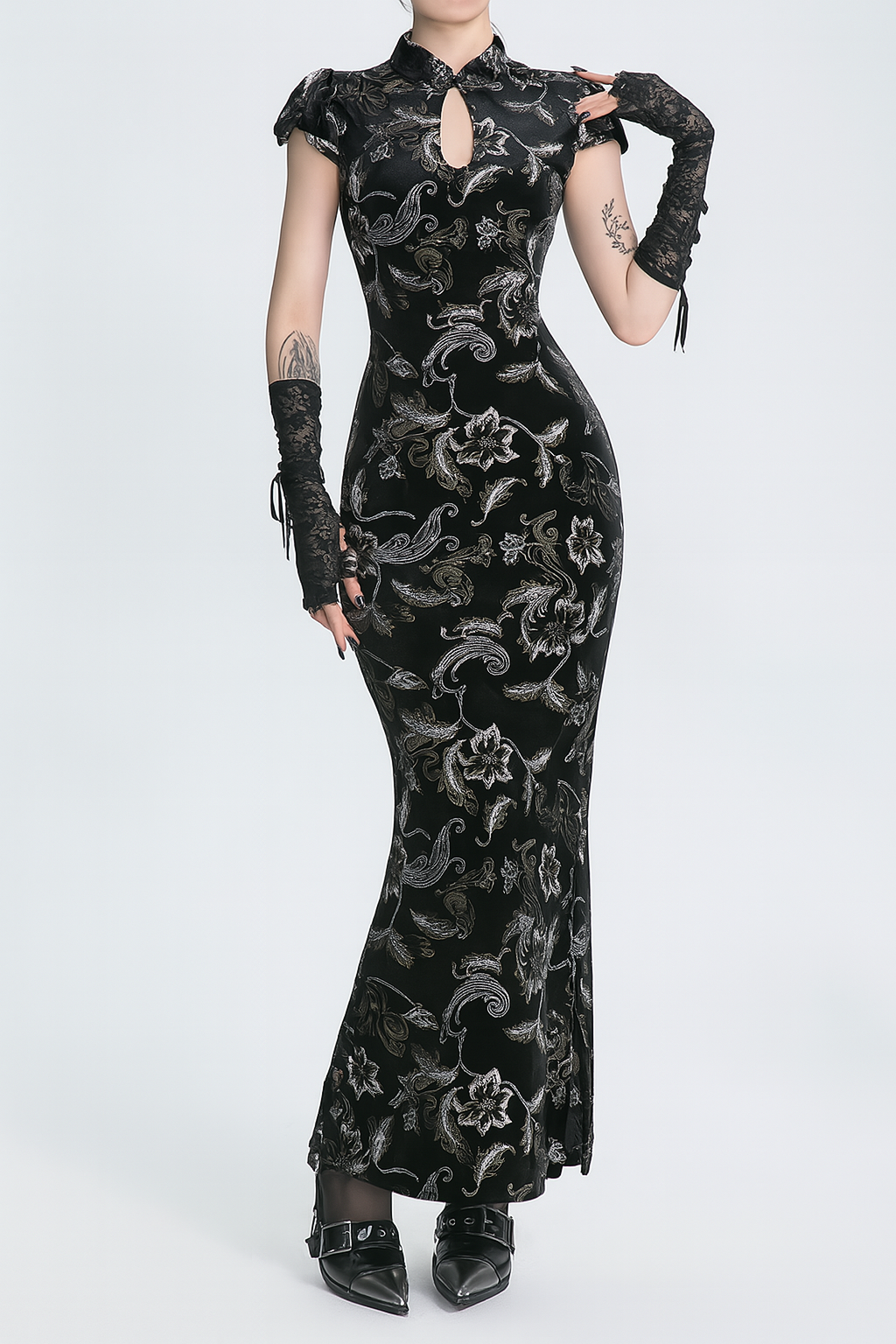 Gothic Black Floral Cut-Out Bodycon Maxi Dress