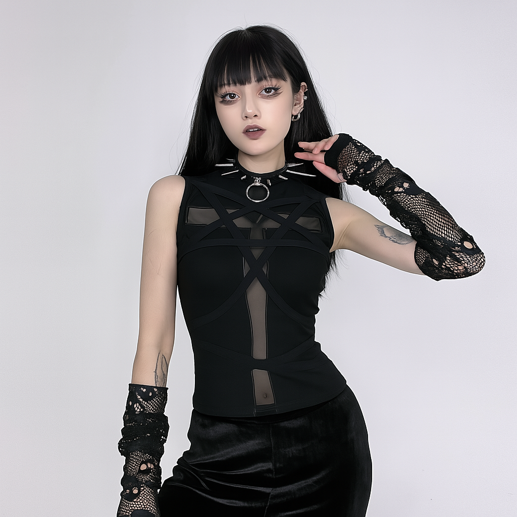 Sleek Black Cross Strap Sleeveless Top for Gothic Fashion