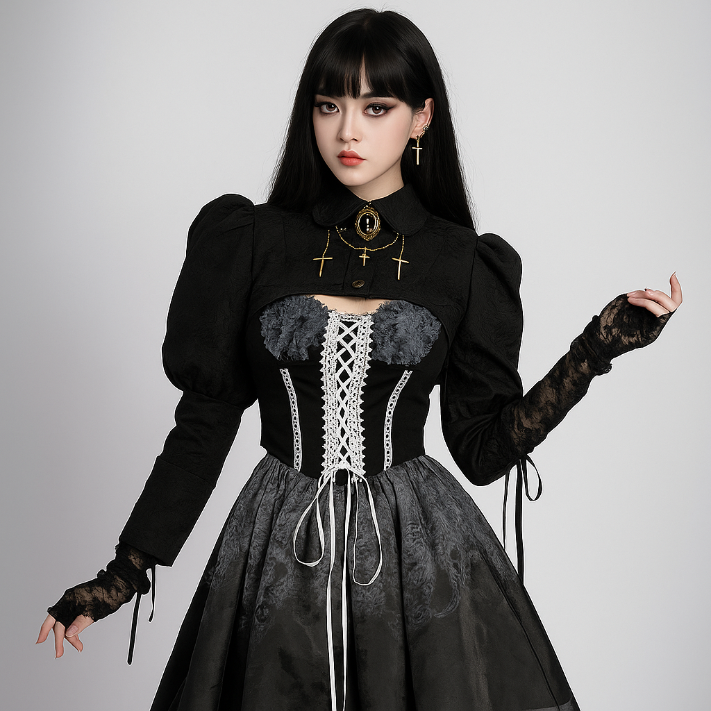 Gothic Strap Mini Dress with Lace-Up Detail - Black / L Gothic Strap Mini Dress with Lace-Up Detail - Black / L