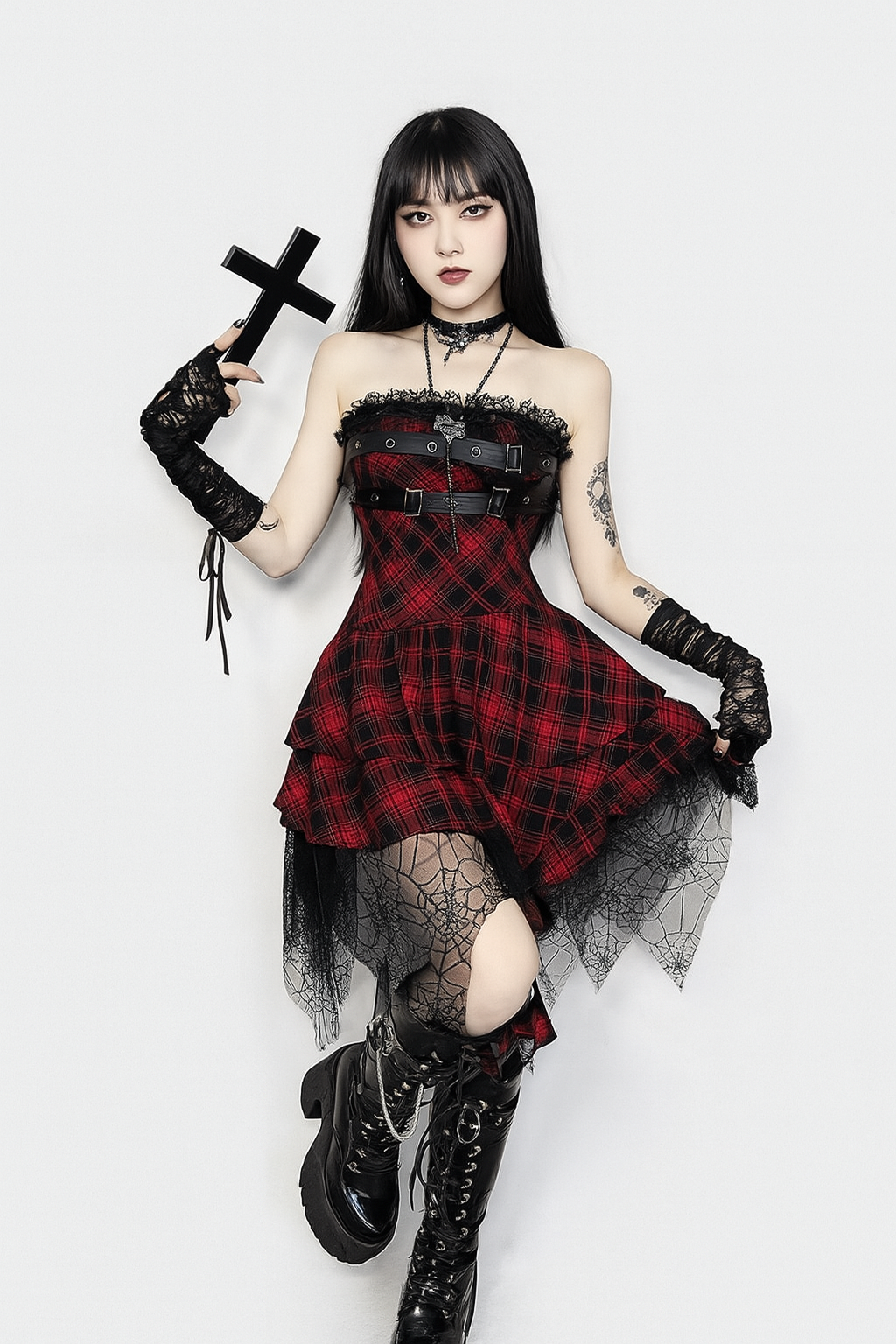 Gothic Red Checkered Strapless Dress with Fishnet Overlay - Red / L Gothic Red Checkered Strapless Dress with Fishnet Overlay - Red / L
