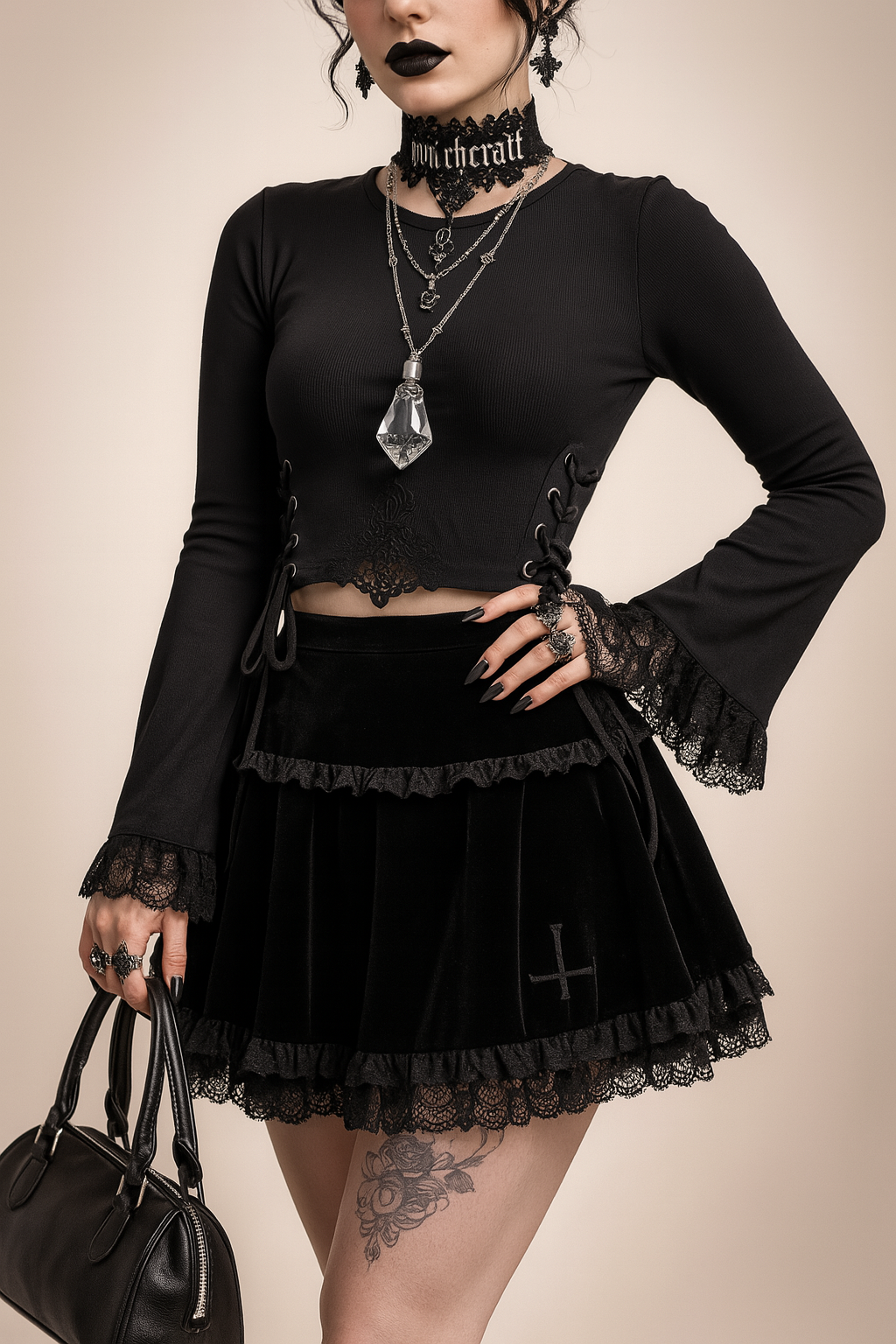 High Waist Lace Ruffle Skirt in Black Velvet