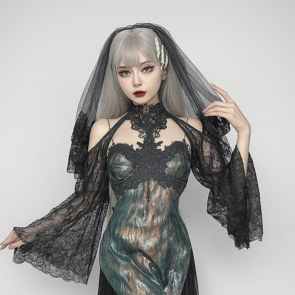 Midnight Lace Cape Cardigan with Flared Sleeves