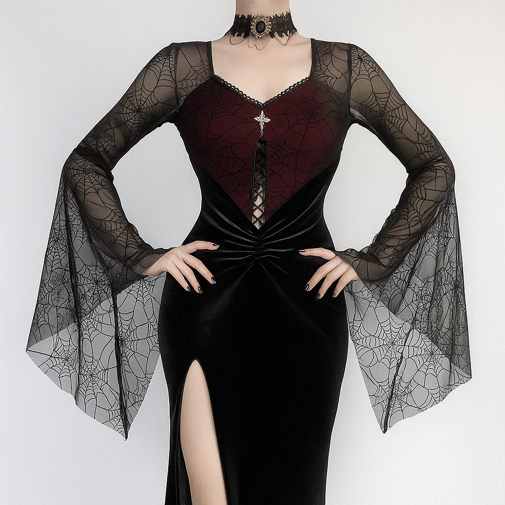 Gothic Spiderweb Velvet Slit Dress with Bell Sleeves for Halloween Elegance