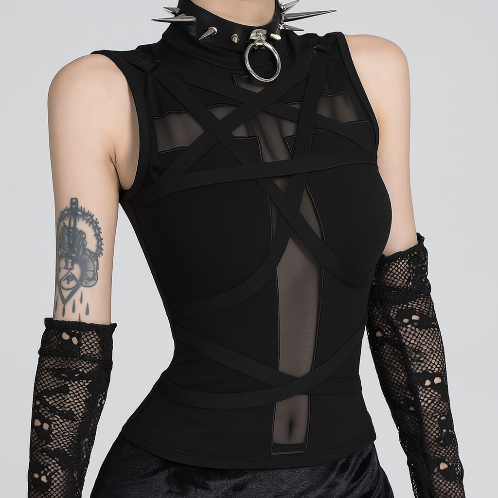 Sleek Black Cross Strap Sleeveless Top for Gothic Fashion
