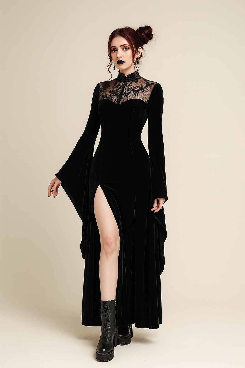 Witchy Lace Slit Maxi Dress for Gothic Elegance - Black / M Witchy Lace Slit Maxi Dress for Gothic Elegance - Black / M