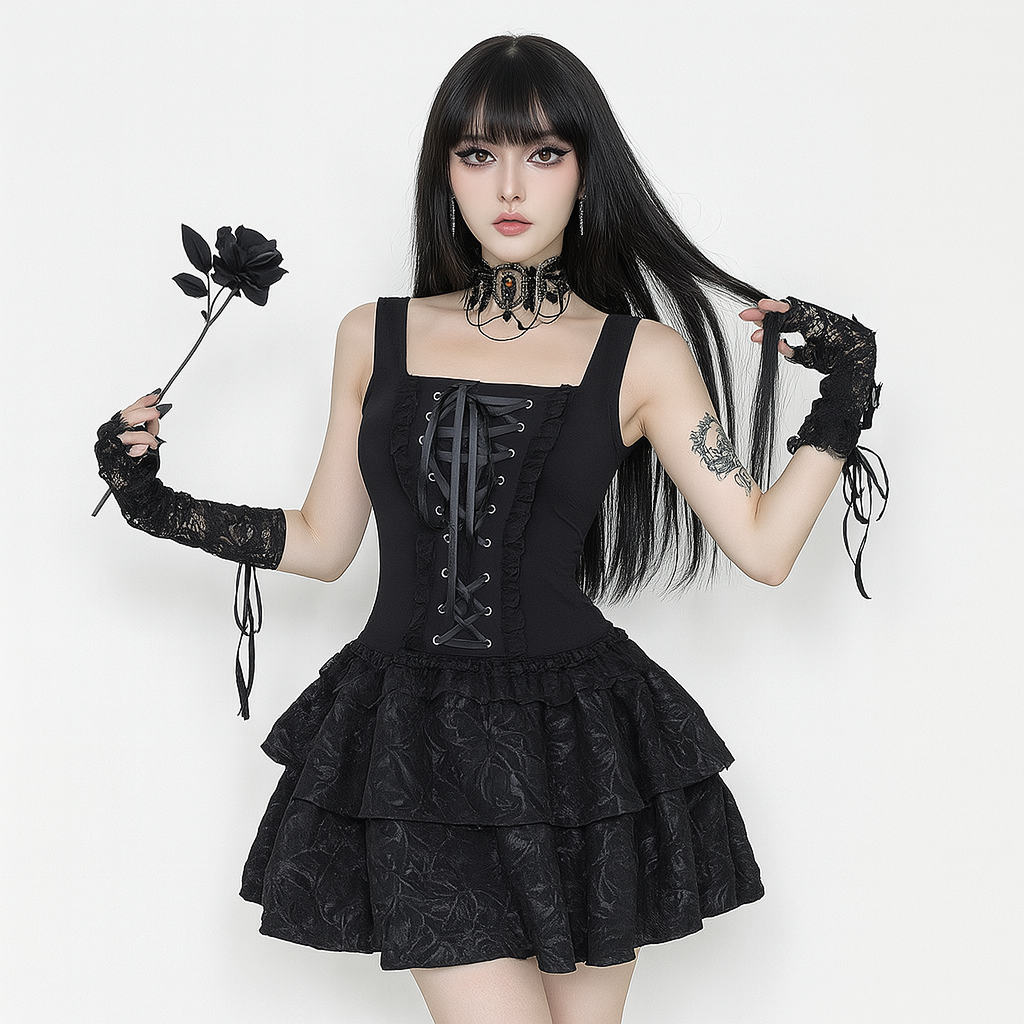 Lace-Up Square Neck Gothic Dress with Ruffle Skirt - Black / L Lace-Up Square Neck Gothic Dress with Ruffle Skirt - Black / L