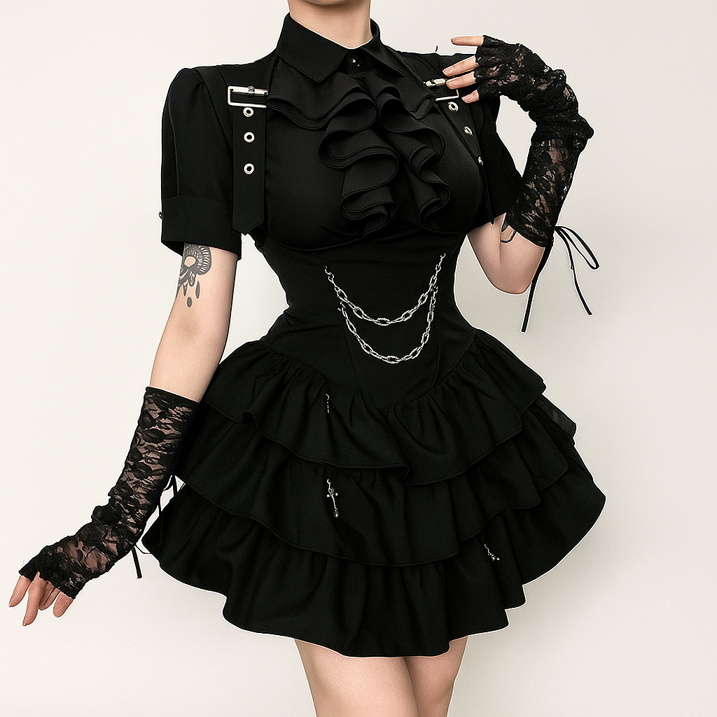 Gothic Ruffle Strap Mini Dress with Dark Puff Skirt and U-Neckline