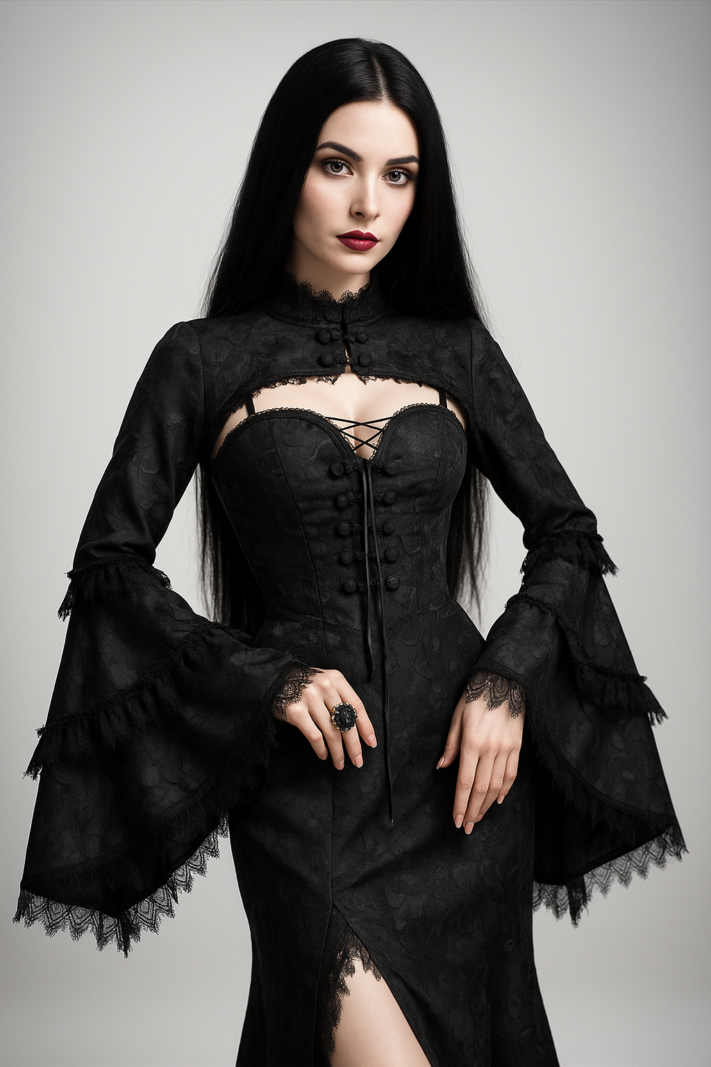 fame and partners black dress Gothic Lace-Up Maxi Dress and Sheer Cardigan Set