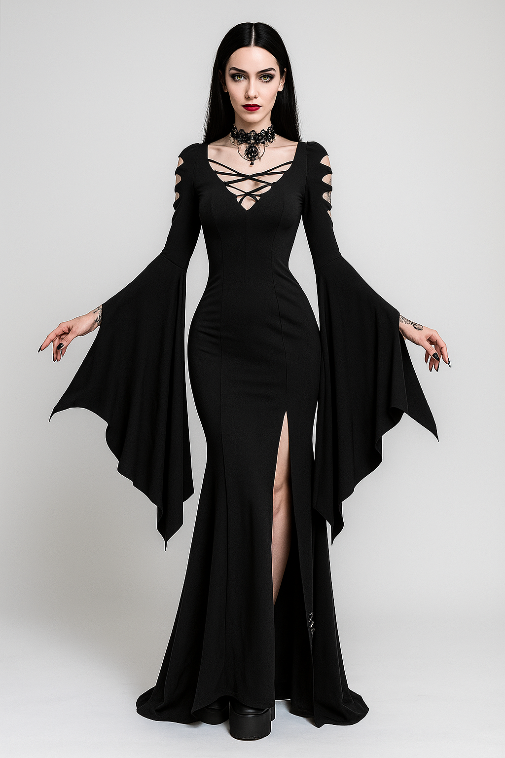 Witchveil Maxi Gothic V-Neck Bat Sleeve Dress - Black / L Witchveil Maxi Gothic V-Neck Bat Sleeve Dress - Black / L