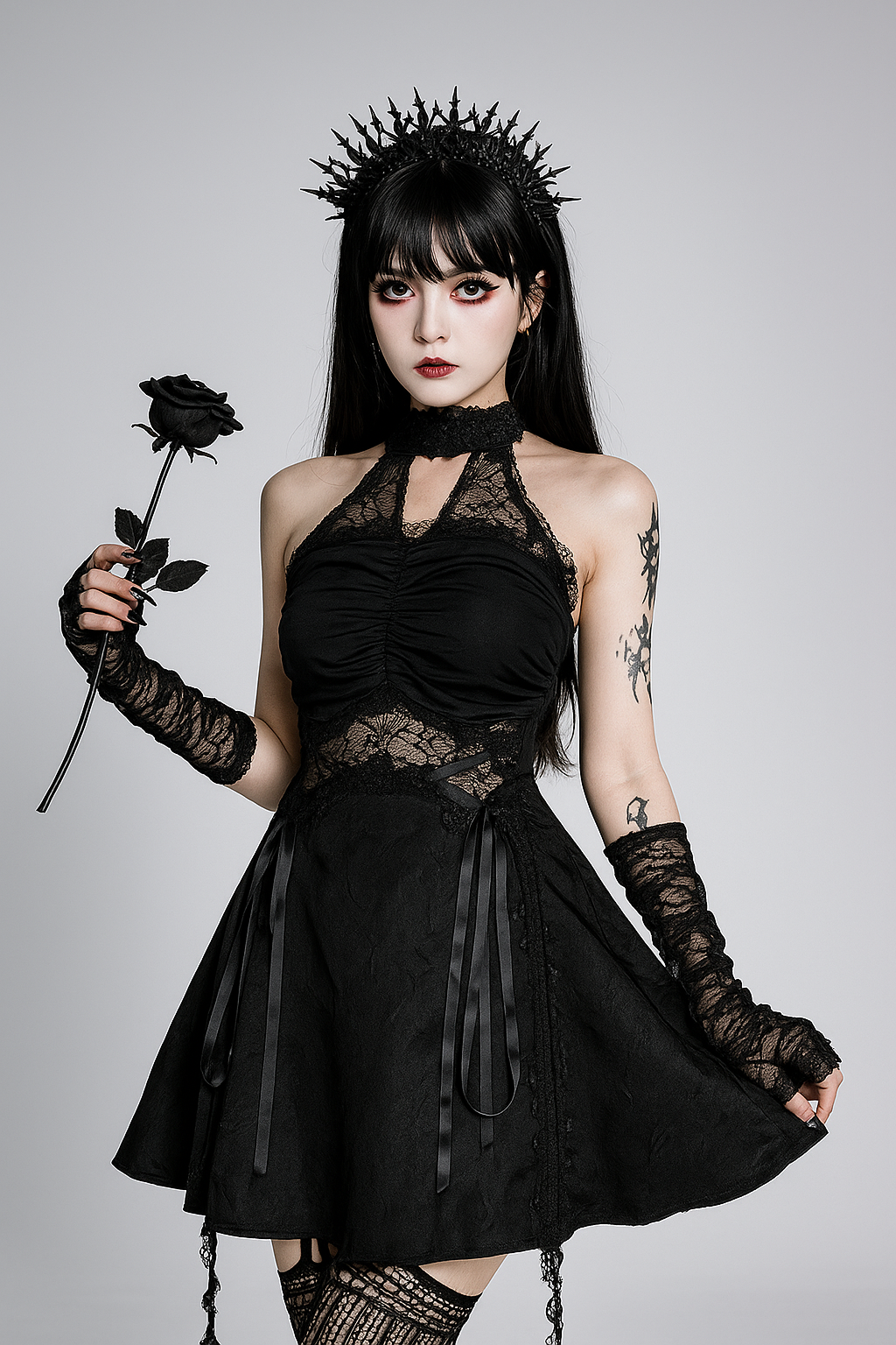 Gothic Lace Halter Mini Dress – Dark Romantic Elegance