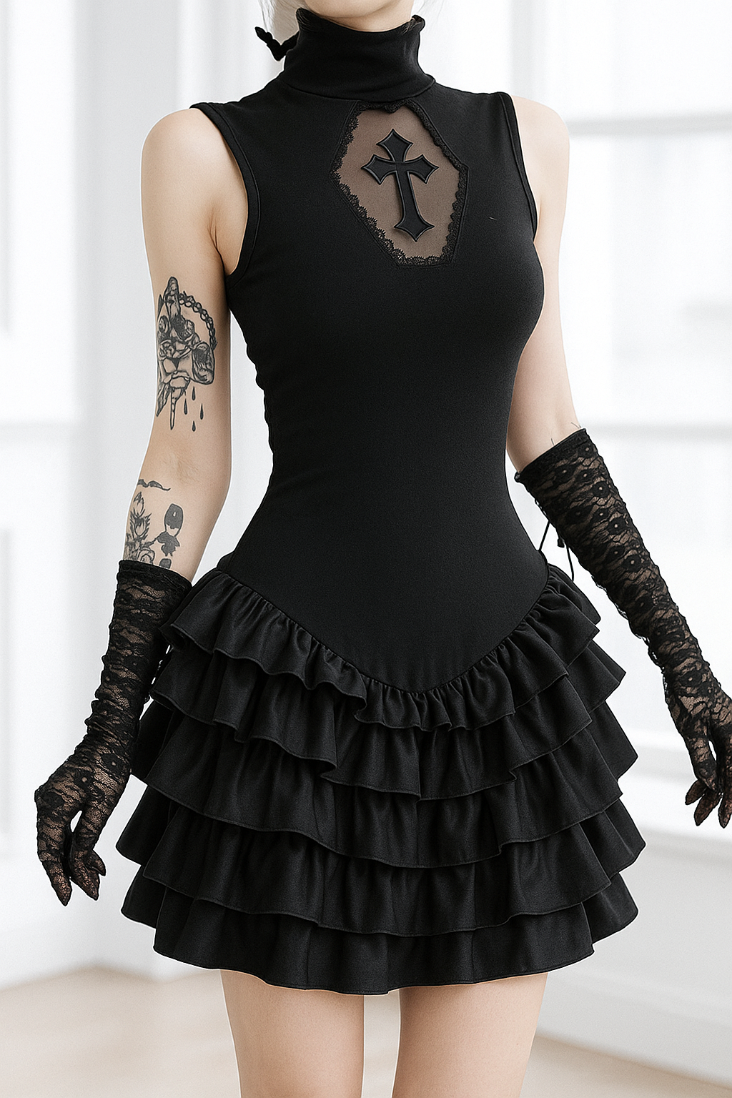 Dark Cross Lace Trim Vest Dress