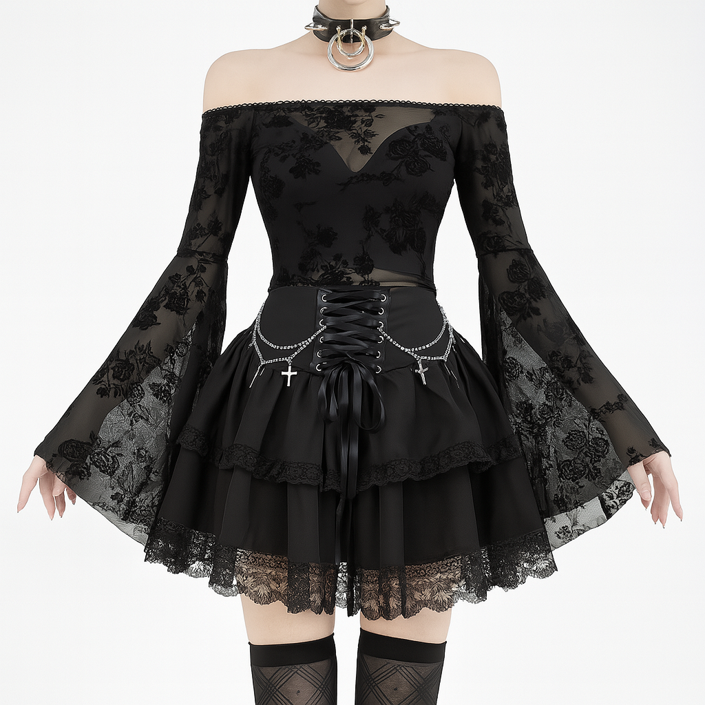 Layered Crosschain Gothic Skirt with Lace and Chains