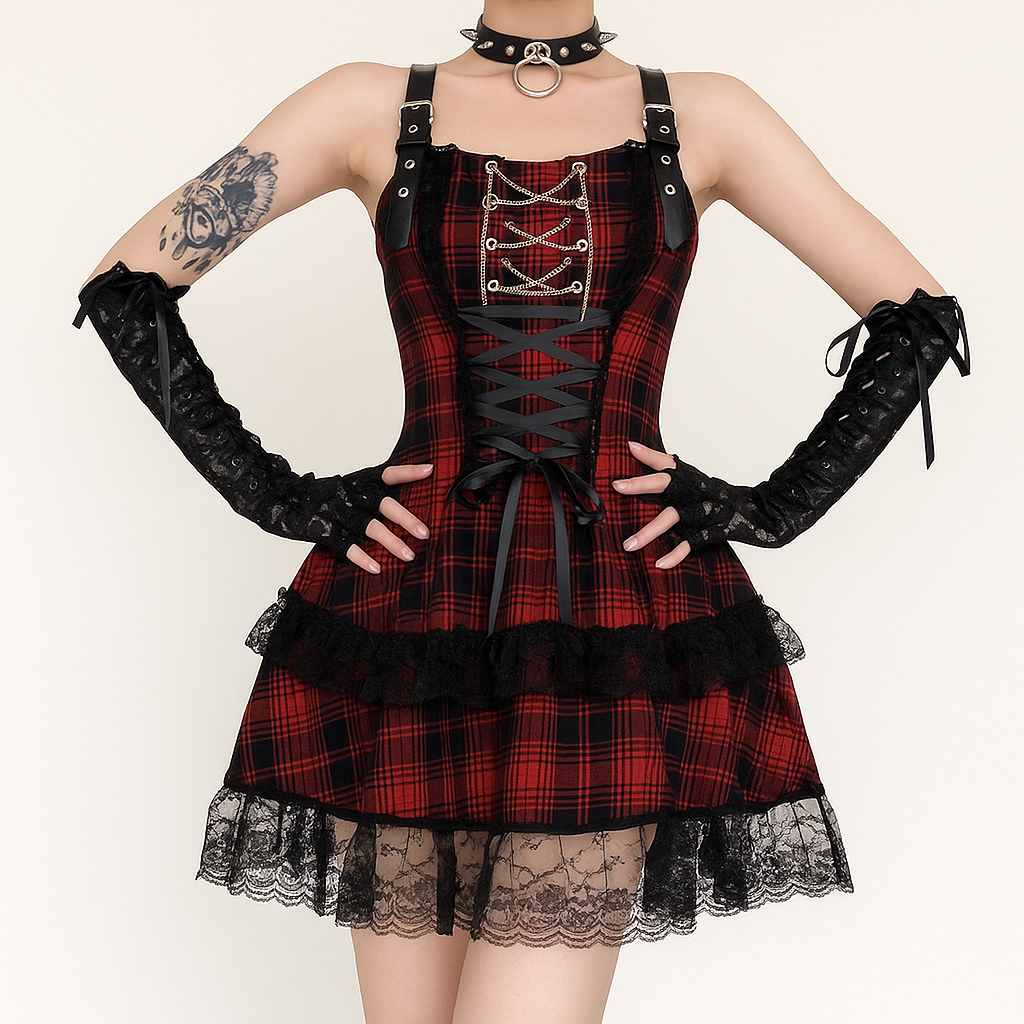 Shadow Plaid Gothic Lolita Dress with Dark Corset Lace-Up Design - Red / M Shadow Plaid Gothic Lolita Dress with Dark Corset Lace-Up Design - Red / M