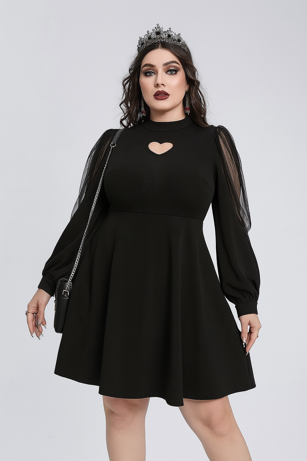 Dark Romantic A-Line Dress with Sheer Mesh Sleeves