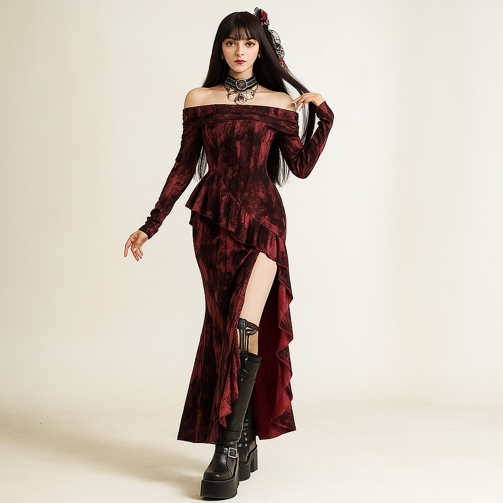 Ashen Flame Gothic Slit Bodycon Dress for Halloween - Red / XS Ashen Flame Gothic Slit Bodycon Dress for Halloween - Red / XS