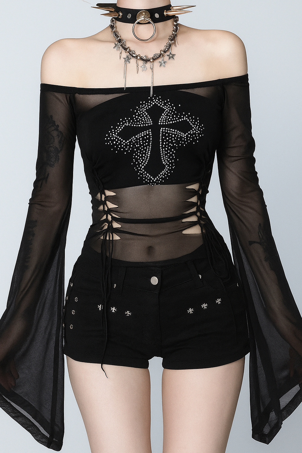 Gothic Off-Shoulder Mesh Top with Rhinestone Cross – Sourpuss