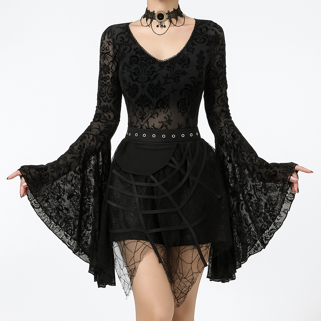 Velvet Shadow Gothic Flare Sleeve Top
