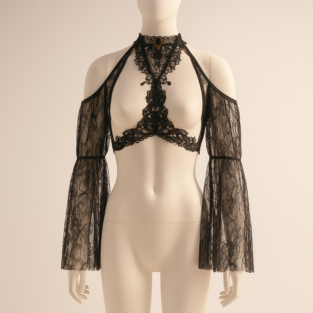 Midnight Lace Cape Cardigan with Flared Sleeves