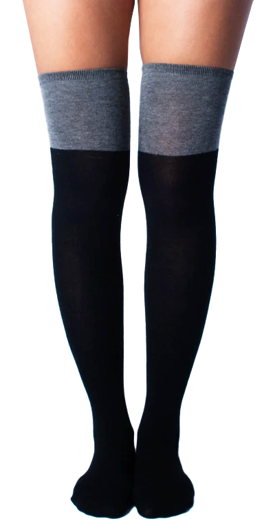 Grey wool thigh high socks over black pantyhose