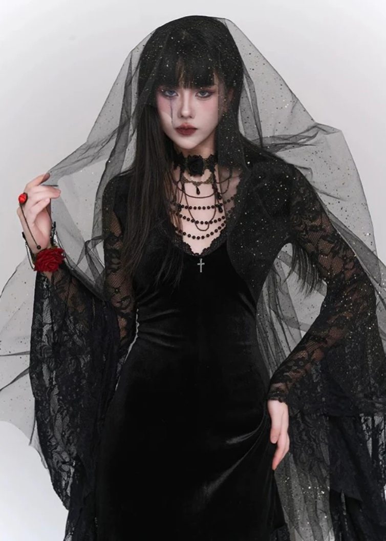 Vampiric Velvet Lace Batwing Dress