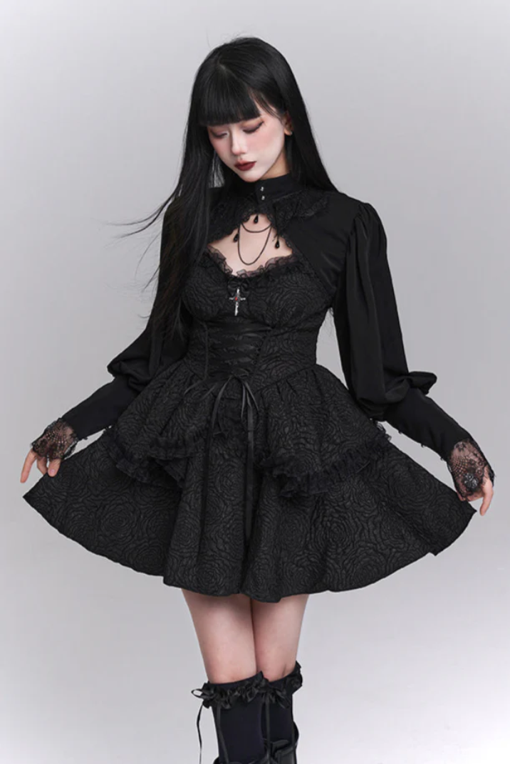 Black Lace-Up Flared Gothic Dress