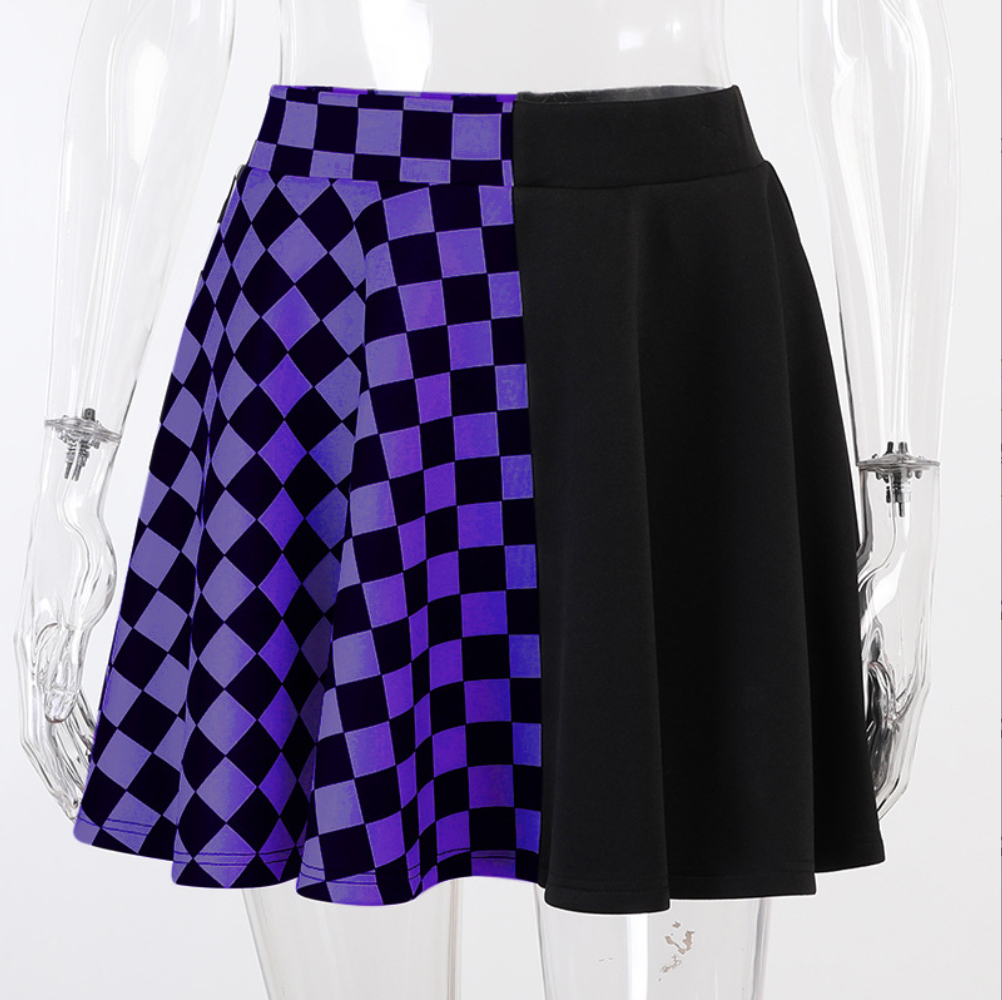 Gothic Houndstooth Pleated Mini Skirt – High Waist Patchwork Dark Aesthetic Streetwear - Sourpuss