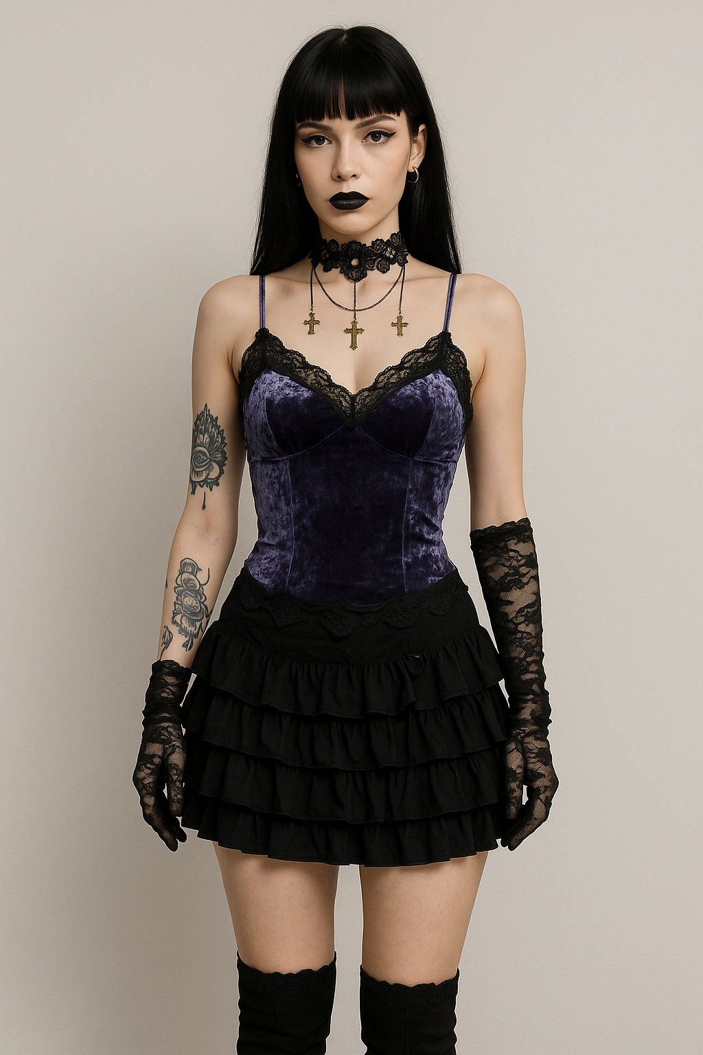 Velvet Vixen – Gothic Lace Velvet Strap Top - Sourpuss