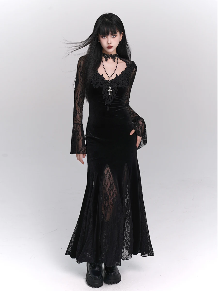 Gothic Velvet Maxi Dress with Lace Sleeves and V Neck