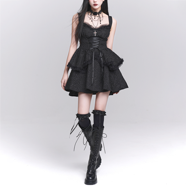 Black Lace-Up Flared Gothic Dress