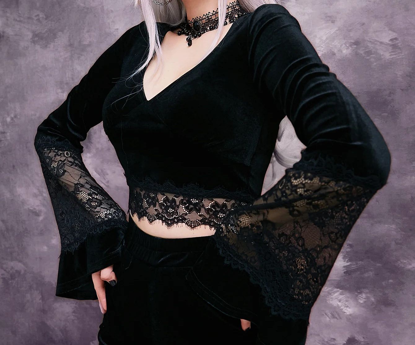 Sheer Lace Flared Sleeve Crop Top