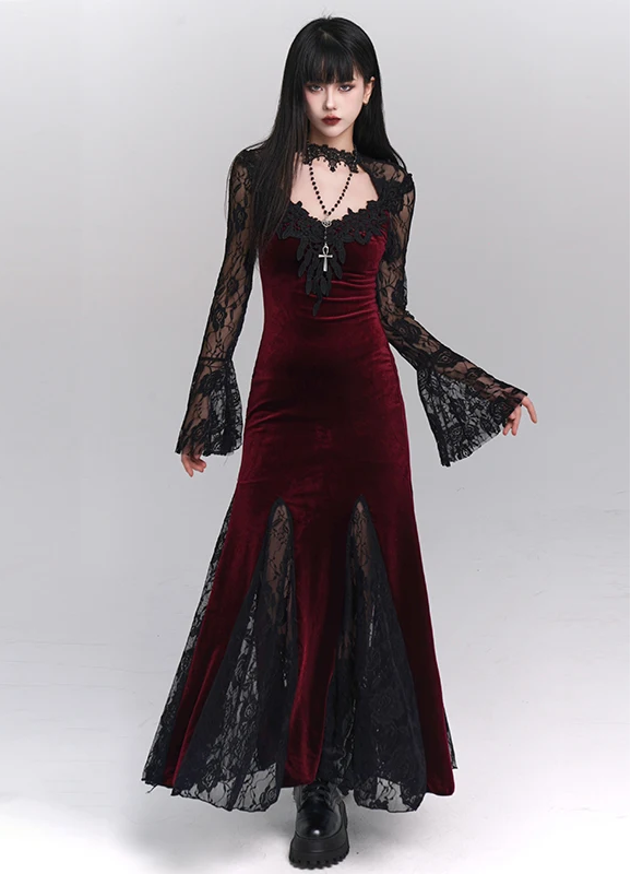 Gothic Velvet Maxi Dress with Lace Sleeves and V Neck