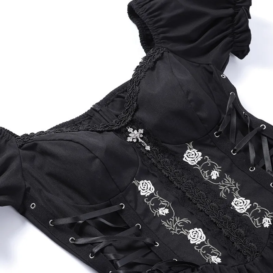 Enchanting Gothic Dress with Intricate Lace and Corset Detail