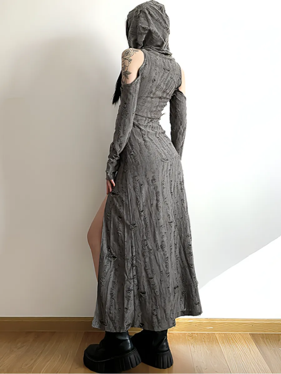 Gothic Streetwear Hooded Long Dress with Side Slit