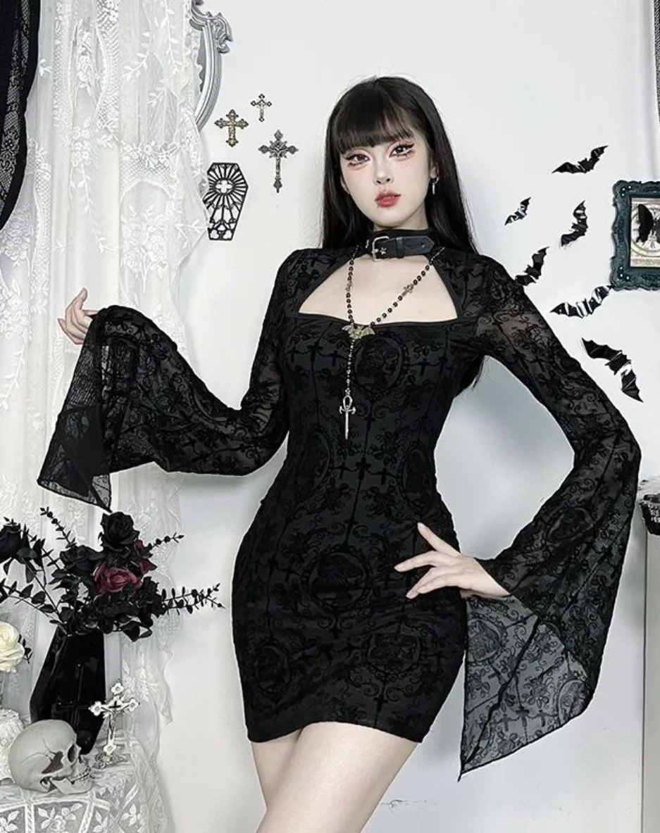 Gothic Flocked Bell Sleeve Bodycon Dress