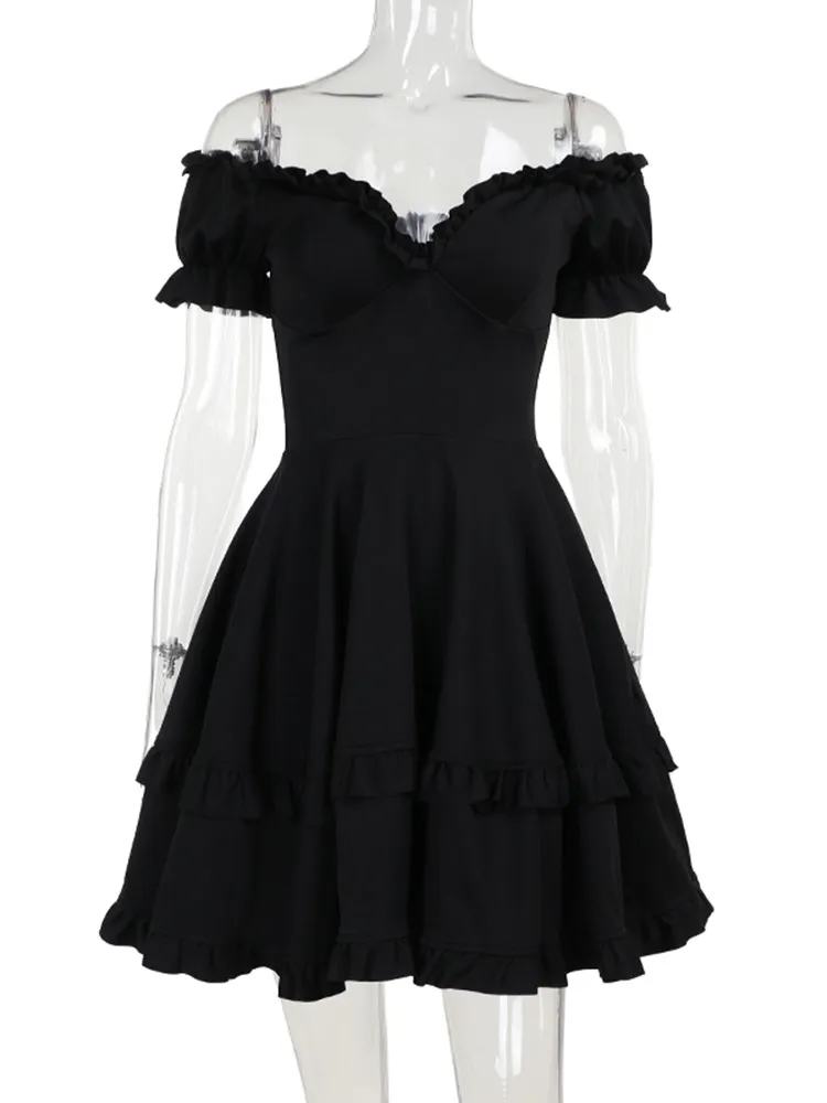 Gothic Off-Shoulder Ruffle Mini Dress for Dark Street Style