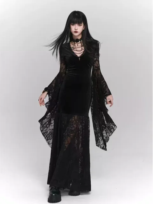 Vampiric Velvet Lace Batwing Dress