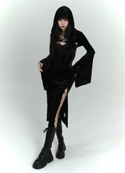Gothic Spider Web Velvet Midi Dress with Flared Sleeves and Distressed Charm