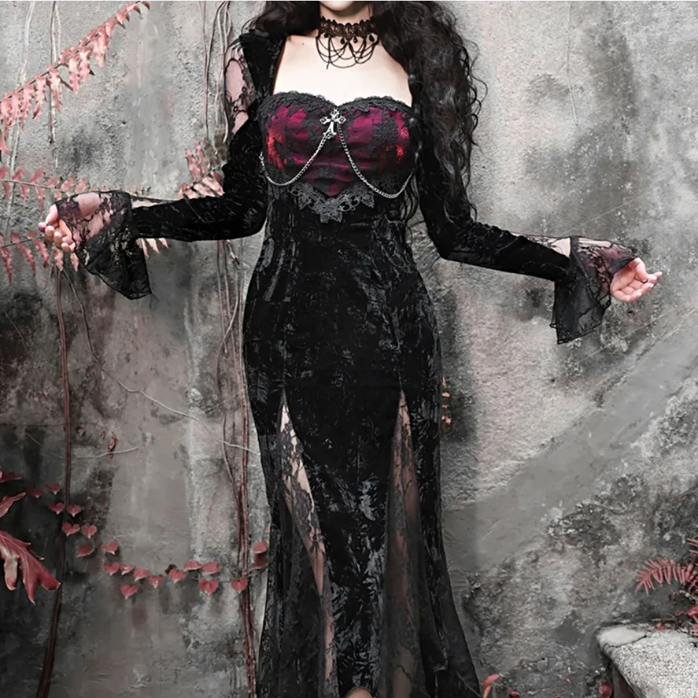 Gothic Lace Velvet Dress with High Slit and Bell Sleeves