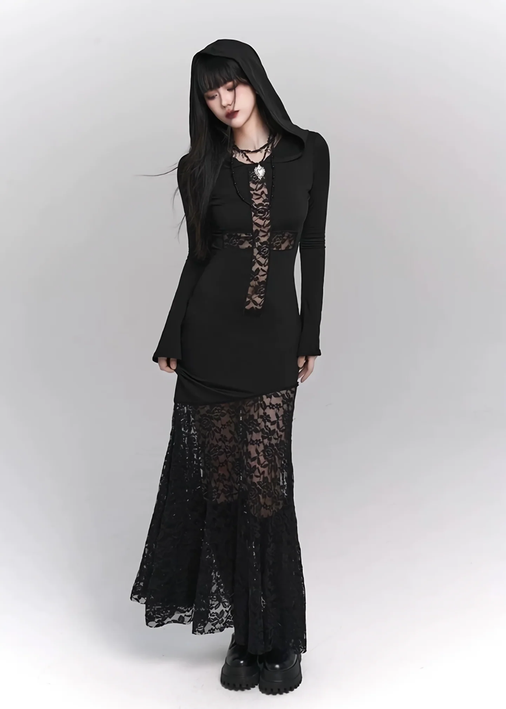 Lace Cross Hoodie Dress for Modern Goth Aesthetic