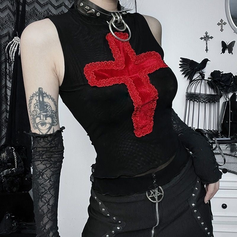 Gothic Cross Lace Tank Top for Alternative Fashion