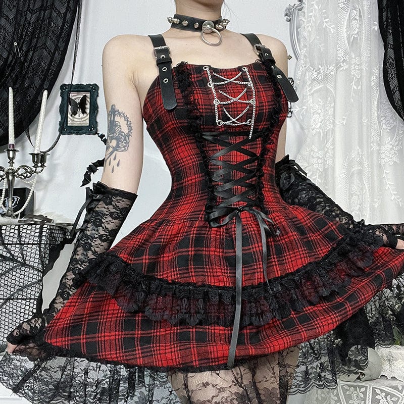 Shadow Plaid Gothic Lolita Dress with Dark Corset Lace-Up Design
