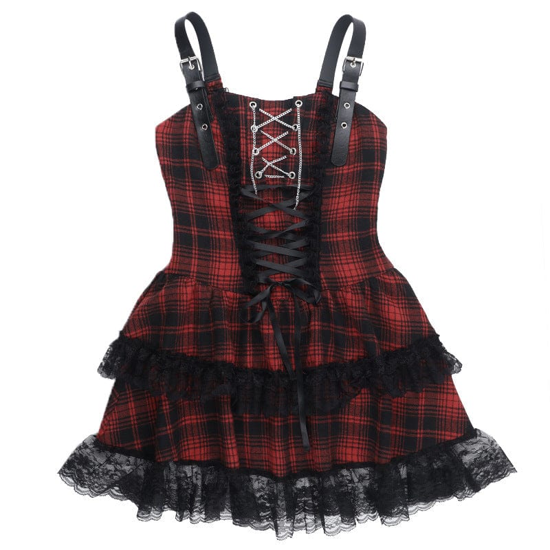 Shadow Plaid Gothic Lolita Dress with Dark Corset Lace-Up Design