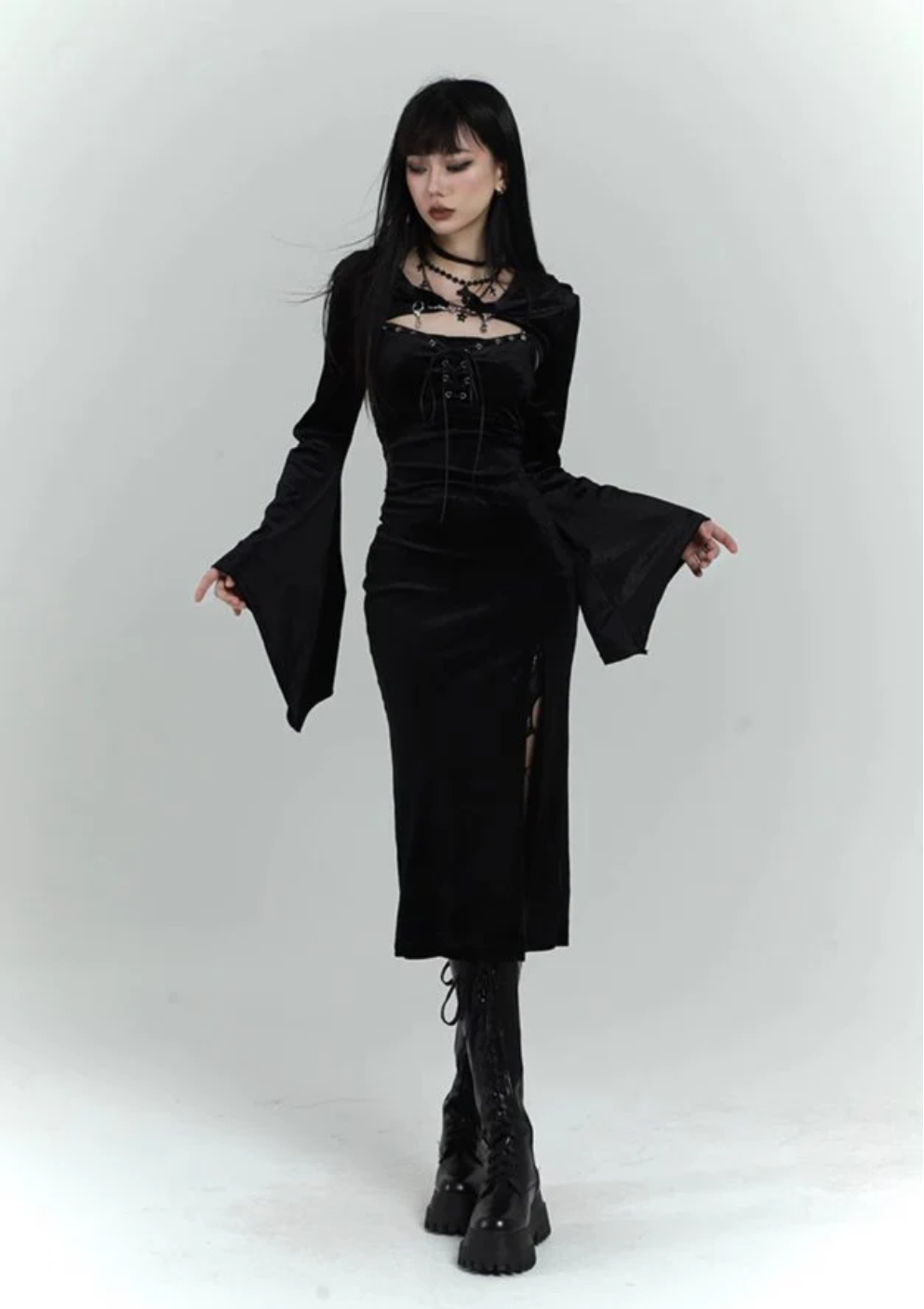 Gothic Spider Web Velvet Midi Dress with Flared Sleeves and Distressed Charm