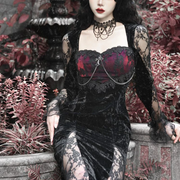 Gothic Lace Velvet Dress with High Slit and Bell Sleeves