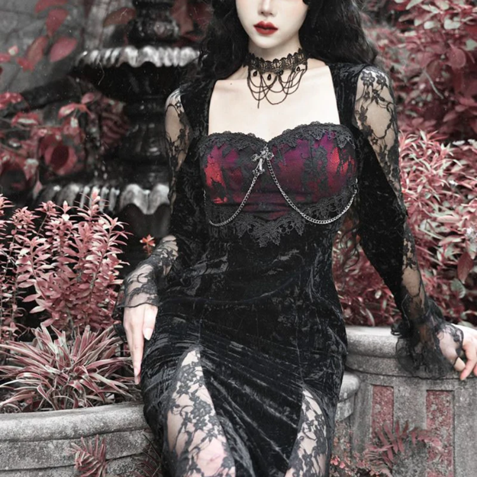 Gothic Lace Velvet Dress with High Slit and Bell Sleeves
