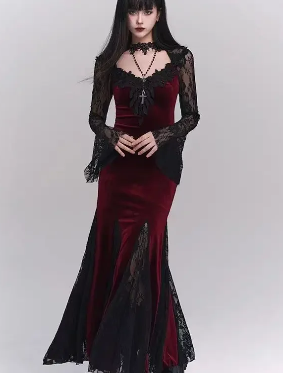 Gothic Velvet Maxi Dress with Lace Sleeves and V Neck