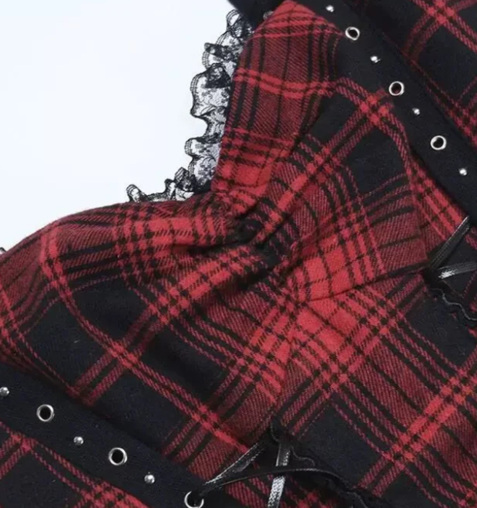 Gothic Plaid Mini Dress with Lace Trim and Adjustable Straps