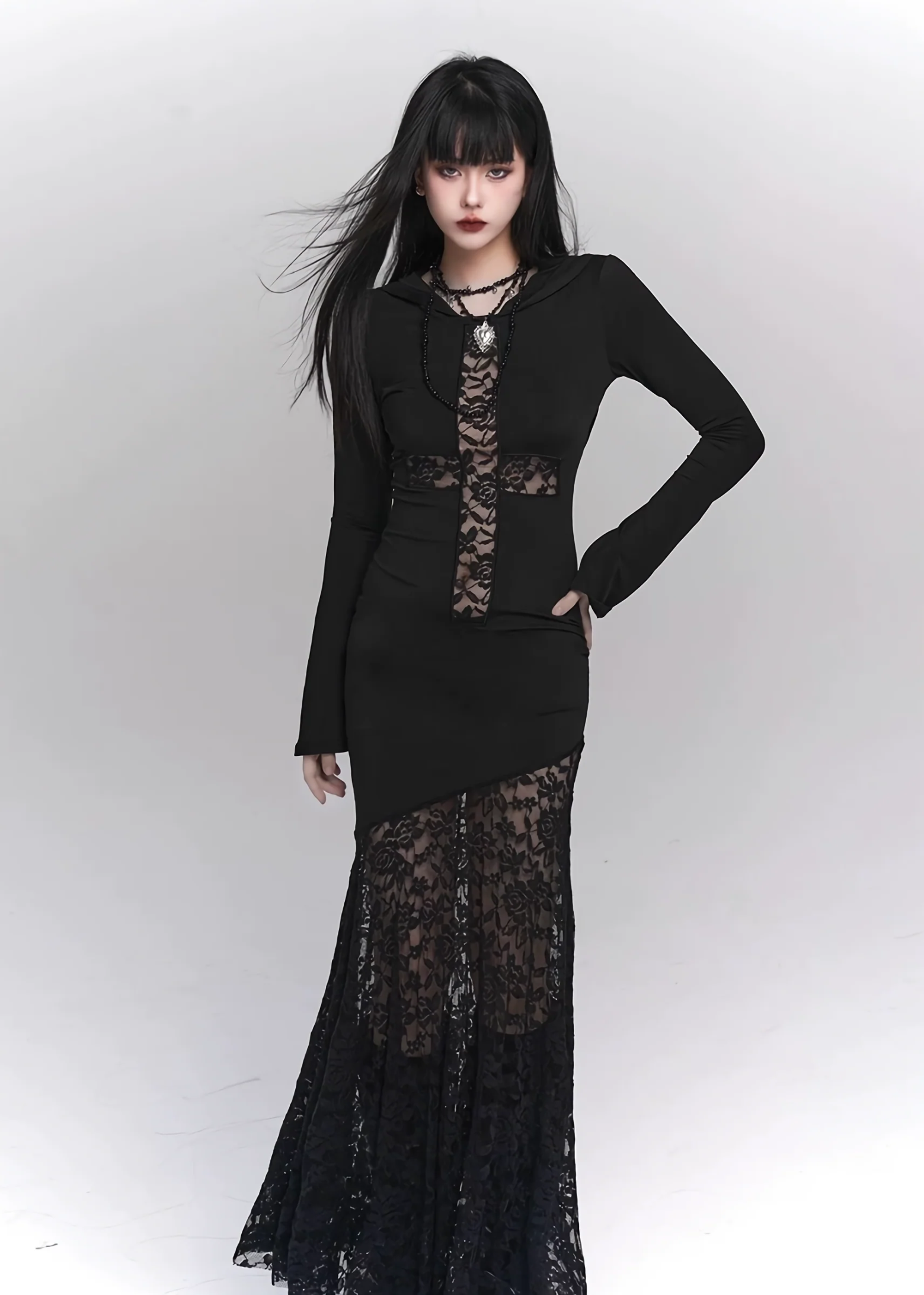 Lace Cross Hoodie Dress for Modern Goth Aesthetic